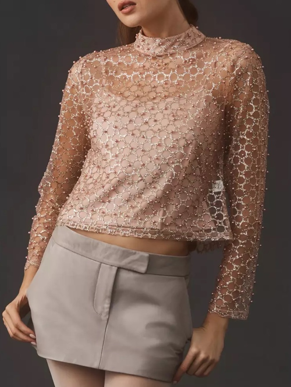 Anthropologie Blue Tassel Sheer Pearl Embellished Glittery Top size Large